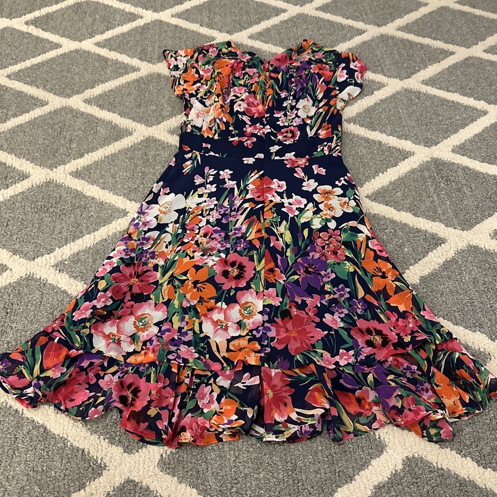 Eliza J Floral Flutter Sleeve Dress Midi Fit & Flare Ruffle Lined Sz 2 - Picture 9 of 11